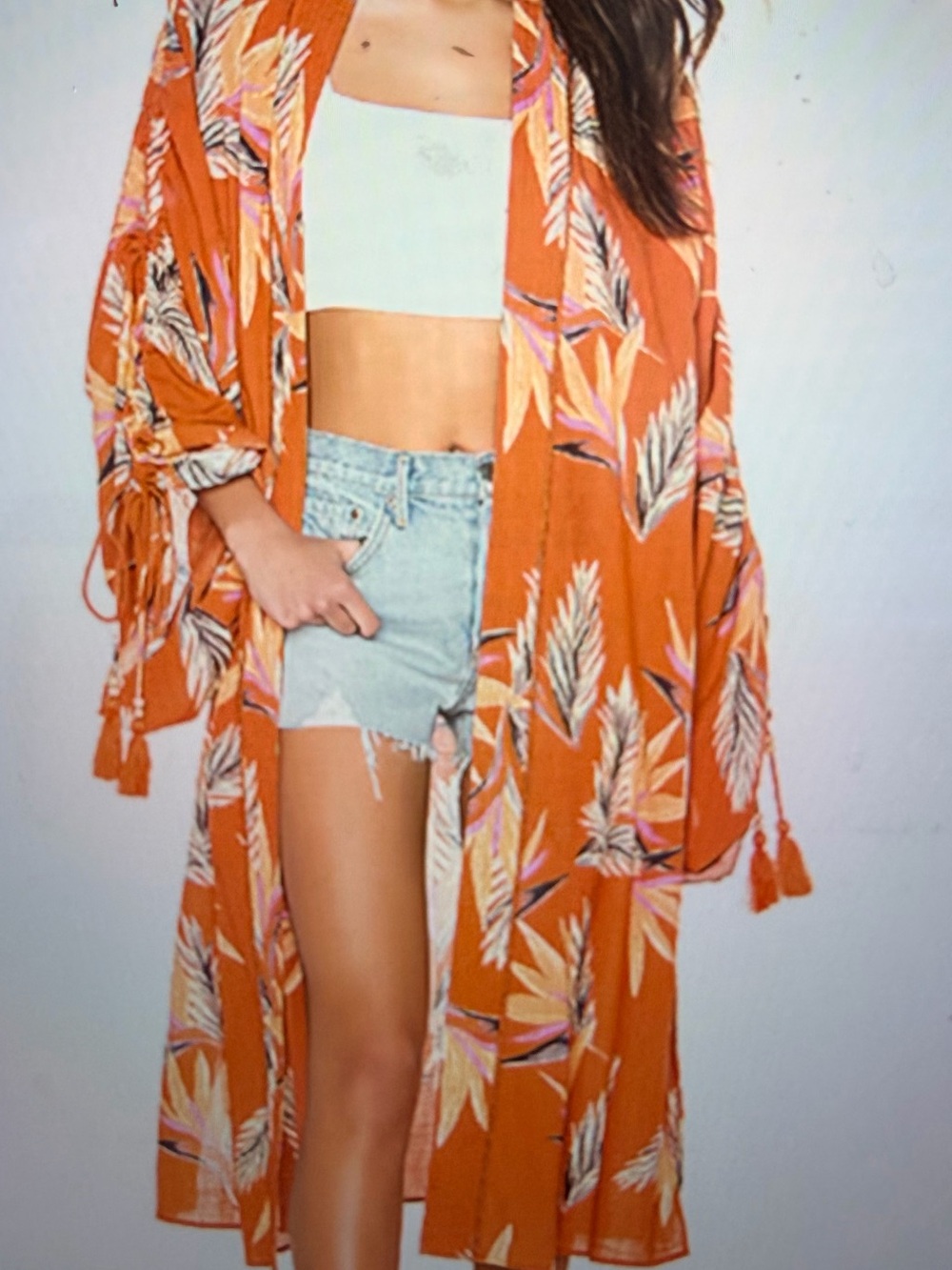 Free People “read my Palma” Leaf Print Tassel Kimono in terracotta
